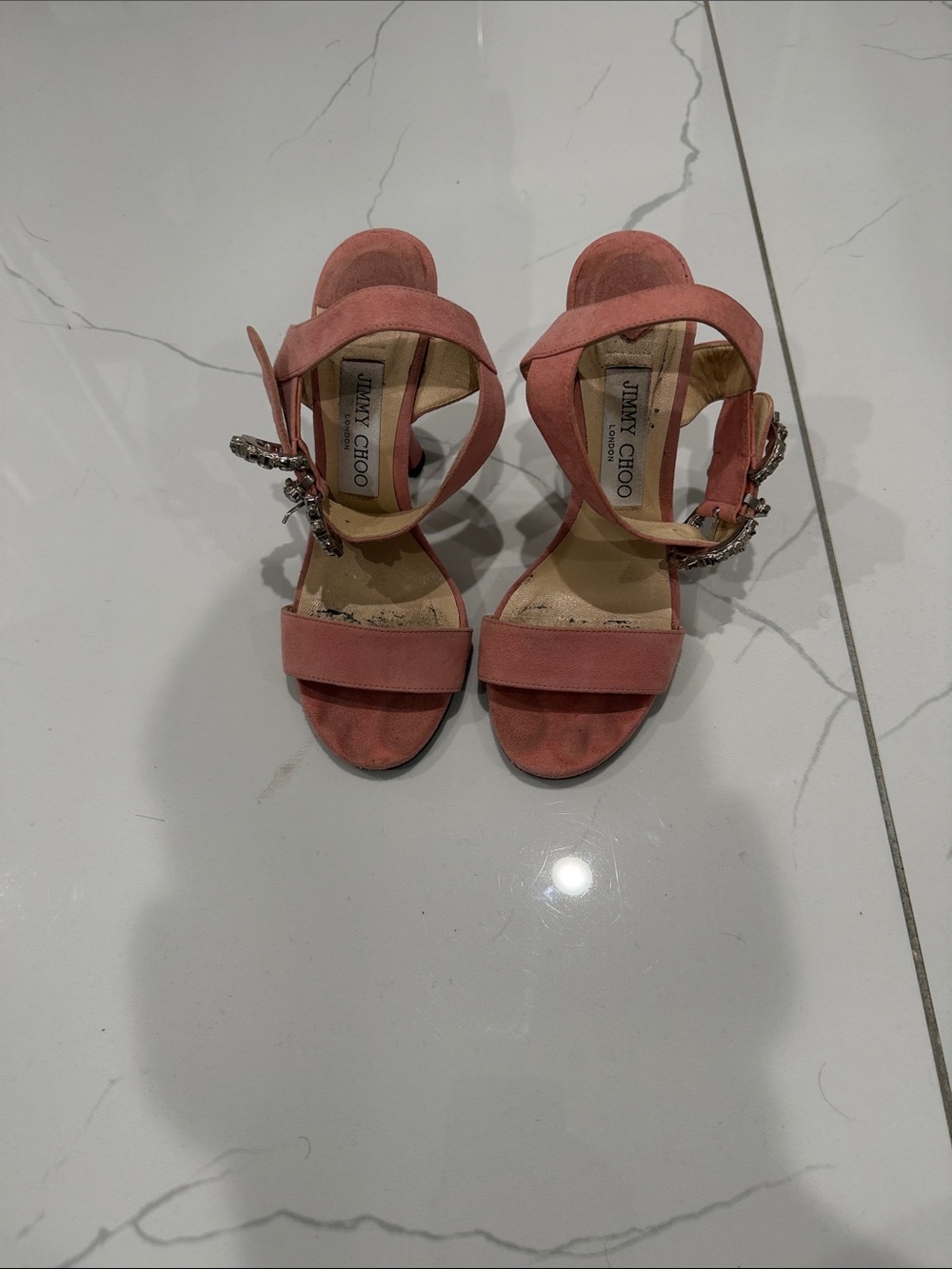 Jimmy Choo Coral Pink Suede Crystal-Embellished Ankle-Strap Heels